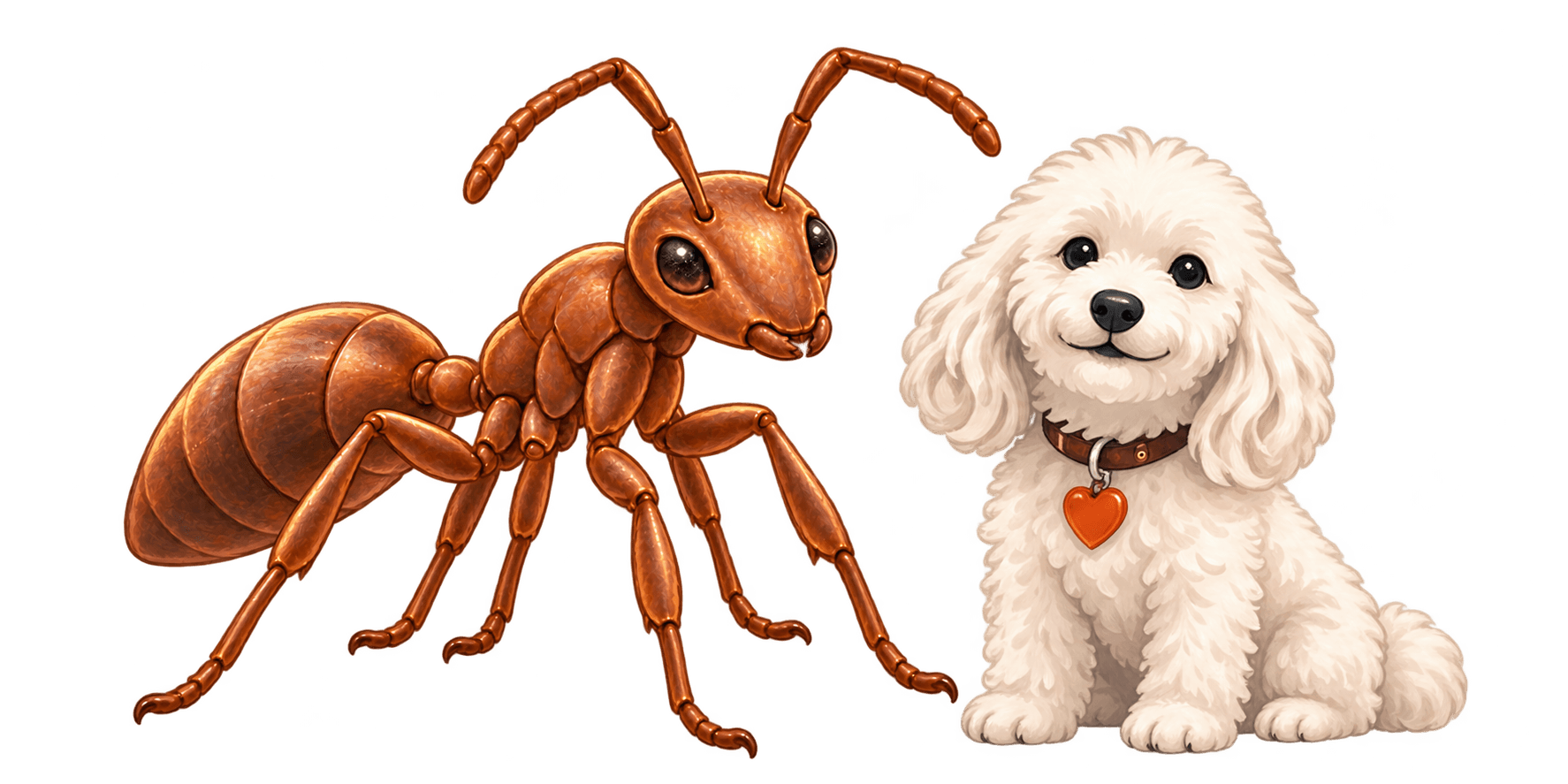 Anero, the chestnut ant and main mascot, standing beside Arenita, the cream poodle community companion
