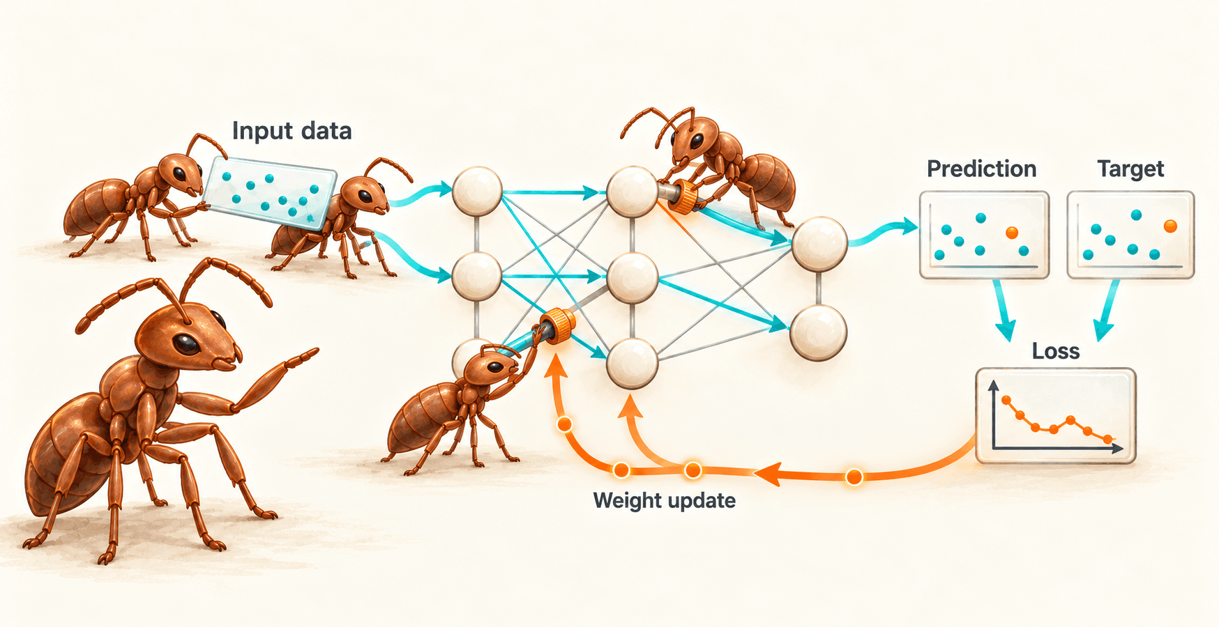 Anero coordinates a team of ants carrying input data through a neural network; predictions and targets lead to loss, with an orange feedback path for weight updates